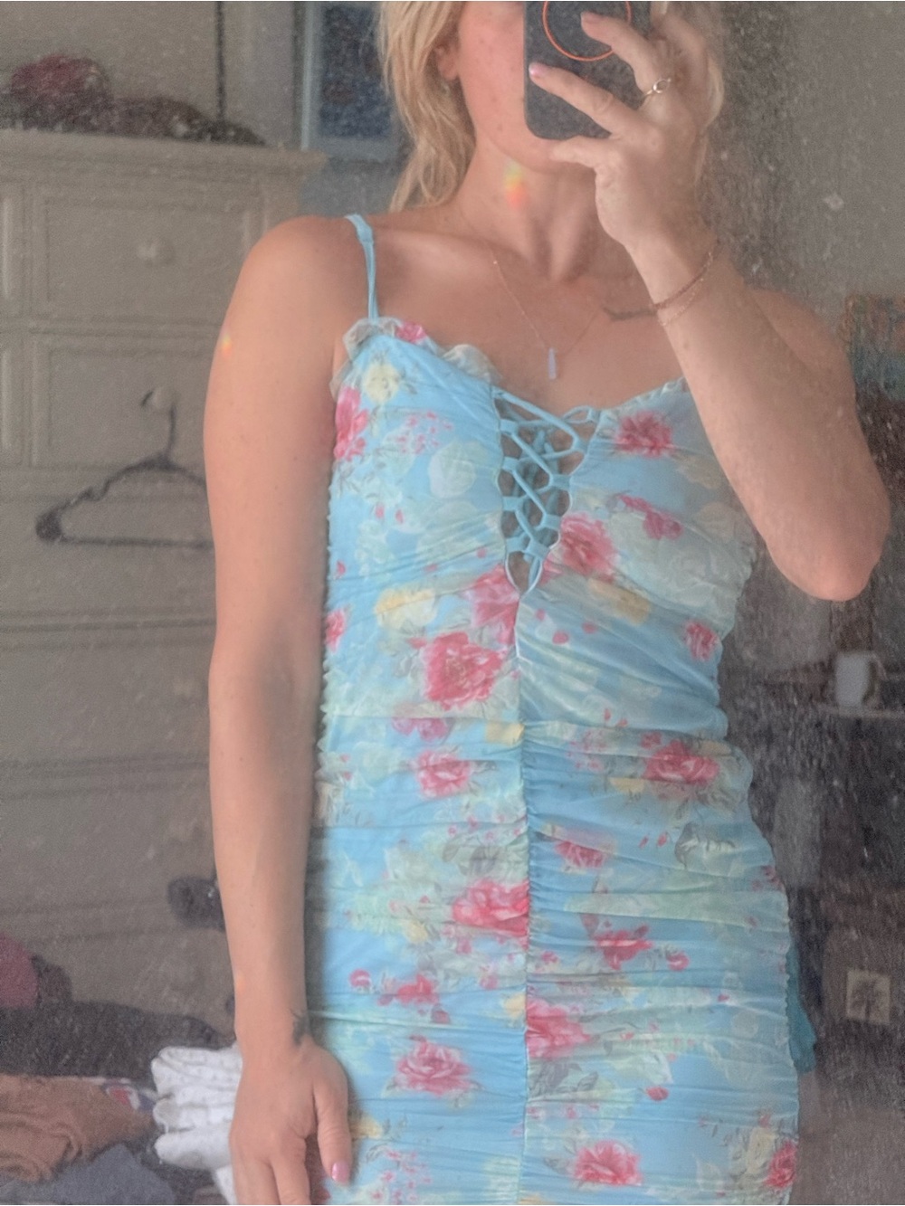 Fiesta Light Blue Floral Lace-Up Cami Top